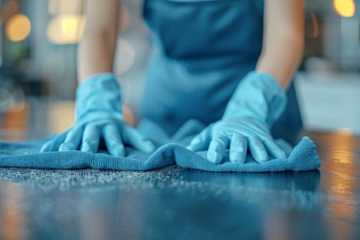 A woman is cleaning a table with a towel. She is wearing an apron and gloves. The table is covered in a white powder