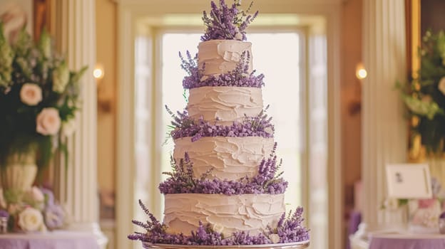 Wedding cake with lavender flowers. Festive table decoration.