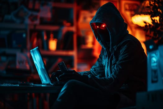 Hooded hacker with red eye using computer in dark room. Cybercrime concept..