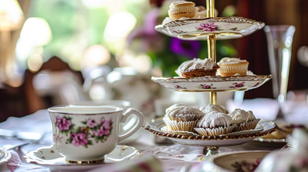 Elegant table setting for tea party with cakes and cupcakes in English manor. Selective focus. Vintage style