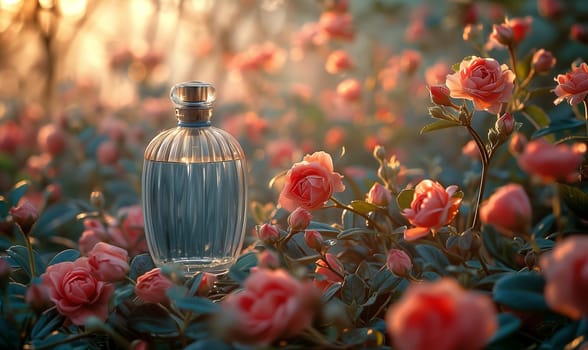 Elegant perfume bottle among flowers in retro style. Selective focus.