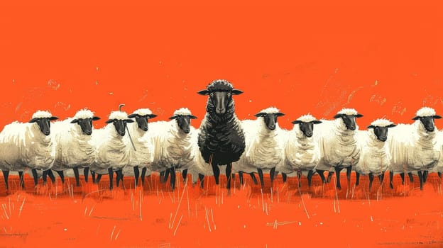 Contrasting black sheep in a group of white sheep, symbolizing uniqueness and individuality in orange background..