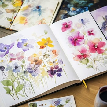 Watercolour painting of wildflowers in a sketchbook, surrounded by an array of watercolour paints and brushes on a wooden table, hobby and craft idea