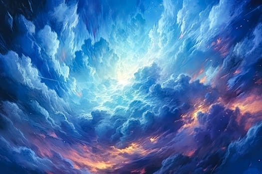 A colorful space scene with blue, red, and yellow clouds. The sky is filled with stars and the clouds are illuminated by the light of the stars. Scene is one of wonder