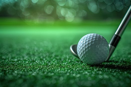 Close-up of a golf ball and club in the practice room.