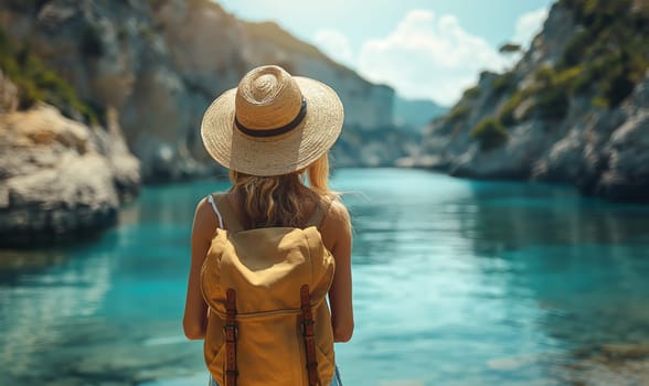 Girl traveler with a backpack on a tropical beach. Selective focus.