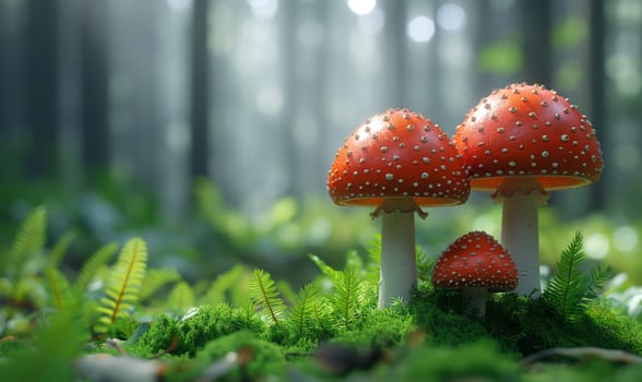 Illustration, fly agaric mushrooms in a clearing. Selective focus.