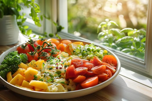 A plate of leaf vegetables, cherry tomatoes, and bush tomatoes is placed on a window sill, showcasing natural foods as staple ingredients for a delicious recipe