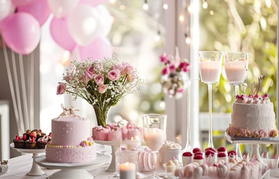 Birthday table decoration with sweets, flowers, candles and pink balloons. Selective focus