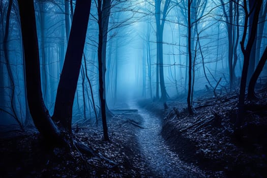 A forest with foggy trees and a path. Scene is mysterious and eerie