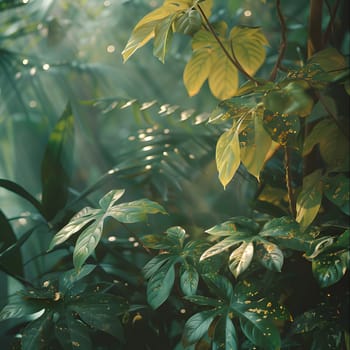 The sunlight filters through the foliage of a terrestrial plant, casting tints and shades on the grass and flowers below in the forest