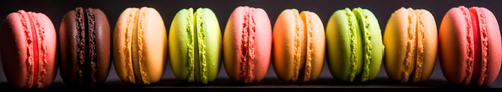 a lot of macaroons on a black background. Generative AI,