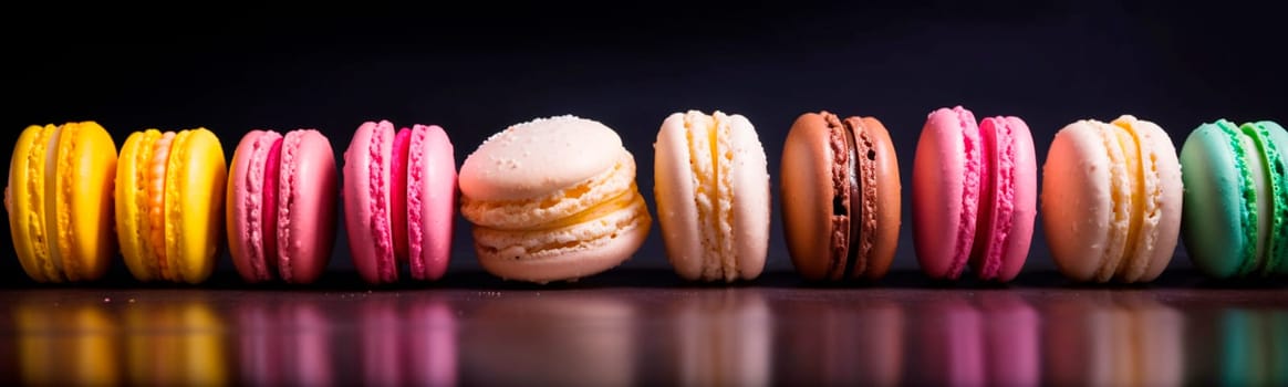 a lot of macaroons on a black background. Generative AI,