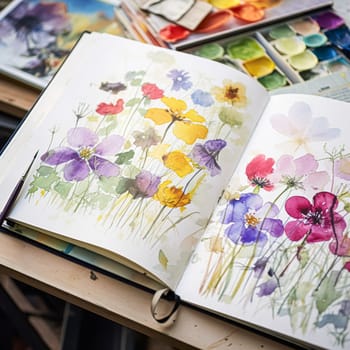 Watercolour painting of wildflowers in a sketchbook, surrounded by an array of watercolour paints and brushes on a wooden table, hobby and craft idea