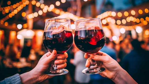 People at the Christmas market with mulled wine in their hands. Generative AI, Drink.