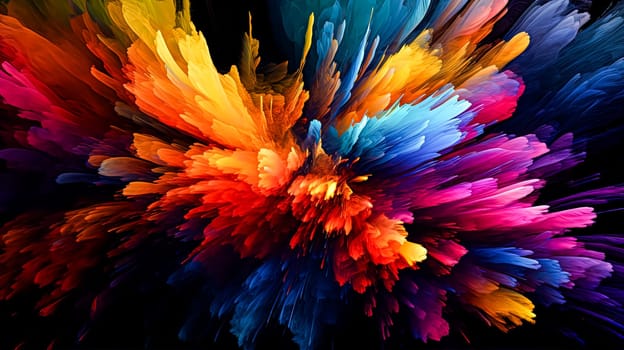 A colorful explosion of paint with a rainbow of colors. The explosion is so bright and vivid that it almost looks like a real explosion. The colors are so bright