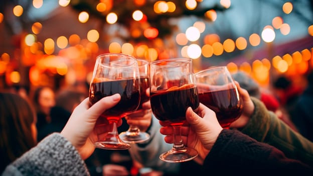 People at the Christmas market with mulled wine in their hands. Generative AI, Drink.