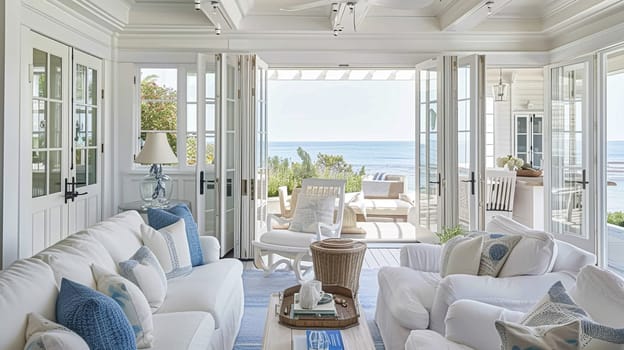 Interior of a living room with white walls, sofa and cushions. Sitting room in coastal cottage with sea view. Luxury lounge room