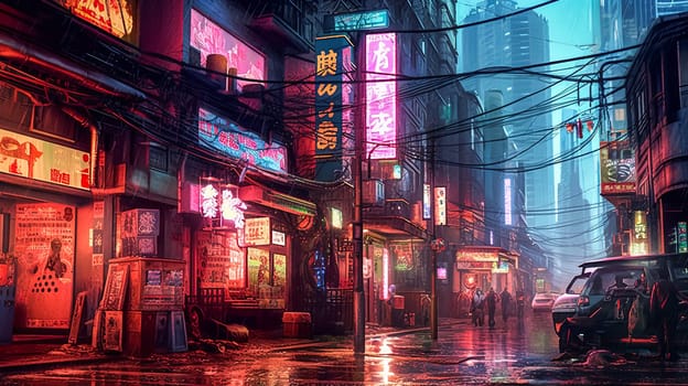 A neon city street with a car and a person walking. Scene is energetic and bustling