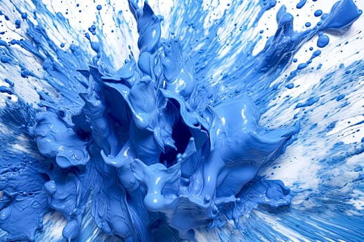 A splash of blue paint on a white background. The blue paint is splattered and has a lot of texture. Scene is energetic and dynamic