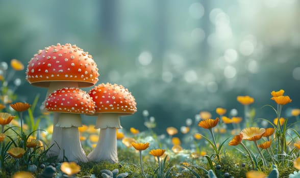 Illustration, fly agaric mushrooms in a clearing. Selective focus.