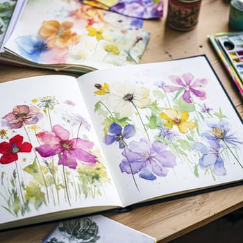 Watercolour painting of wildflowers in a sketchbook, surrounded by an array of watercolour paints and brushes on a wooden table, hobby and craft idea