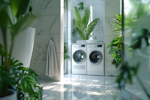 A modern house with a white washer and dryer and a green plant. The washer and dryer are placed next to each other, and the plant is in a pot on the counter. The kitchen has a clean