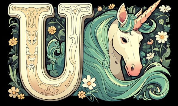 Illustration of a unicorn and the letter "U", learning the alphabet. Selective focus.