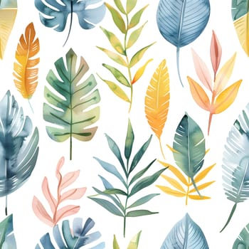 Green leaves in a seamless watercolor pattern on white background. Perfect for textile and dishware design, invoking a sense of botany and plant life with shades of azure and orange