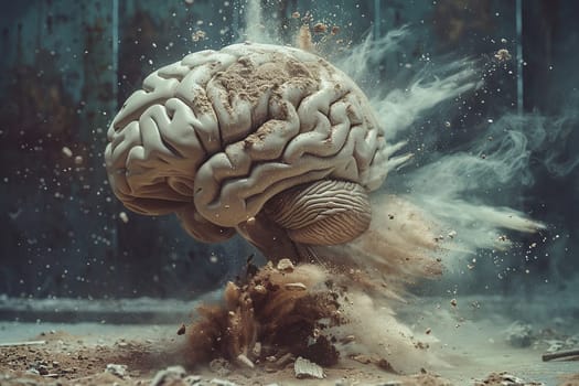 Image of a old human brain with with crumbling sand.