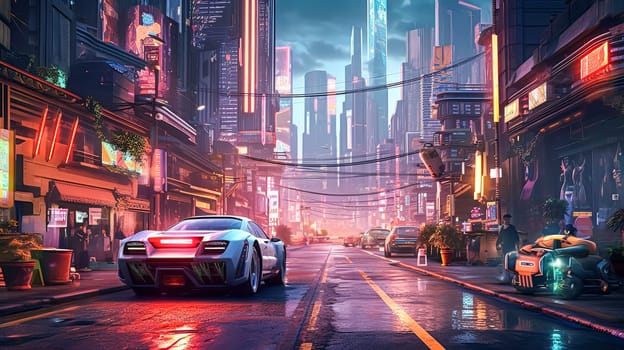A neon city street with a car driving down it. The car is a white sports car with a red stripe. The street is wet and the cars are driving in the rain
