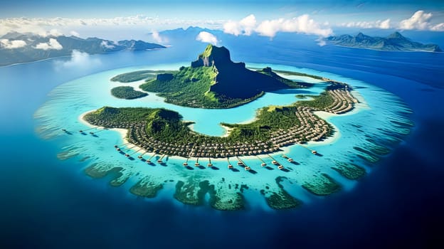 A beautiful island with a mountain in the background. The island is surrounded by water and has many small houses