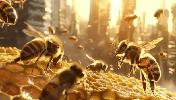 Closeup of bees flying around honeycomb in futuristic city, Concept of urban beekeeping by AI generated image.