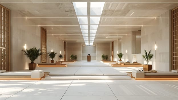 A large, open room with a white ceiling and white walls. The room is filled with potted plants and has a modern, minimalist design