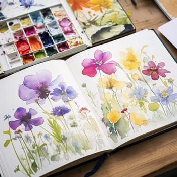 Watercolour painting of wildflowers in a sketchbook, surrounded by an array of watercolour paints and brushes on a wooden table, hobby and craft idea