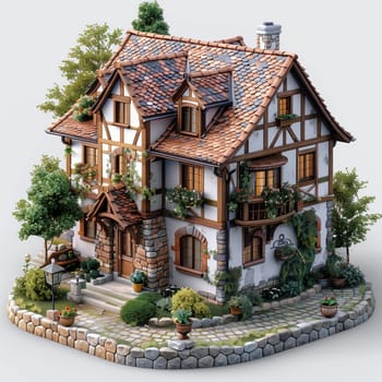 Detailed 3D model of a house with a complex wooden frame. Selective soft focus.