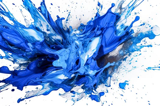 A splash of blue paint on a white background. The blue paint is splattered and has a lot of texture. Scene is energetic and dynamic