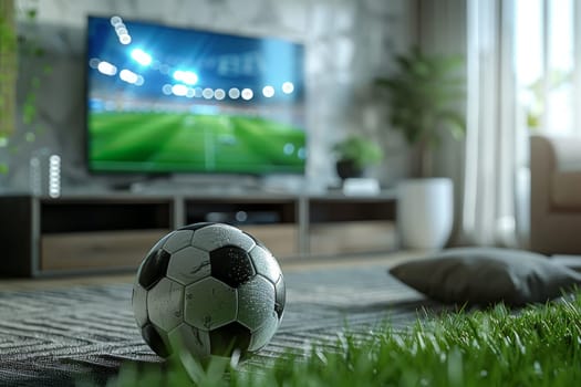 Football or Soccer Tournament concept. A football in living room with TV open Live match.