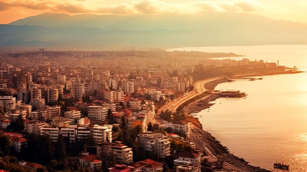 A city with a large body of water in the background. The sun is shining brightly, creating a warm and inviting atmosphere. The city is bustling with activity, with boats