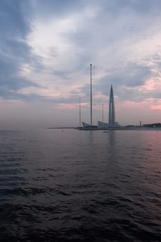 St. Petersburg, Russia, 05.25.2024. - View of the Lakhta Center skyscraper at sunset. Selective focus.