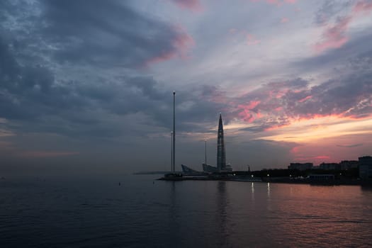 St. Petersburg, Russia, 05.25.2024. - View of the Lakhta Center skyscraper at sunset. Selective focus.