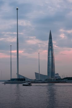 St. Petersburg, Russia, 05.25.2024. - View of the Lakhta Center skyscraper at sunset. Selective focus.