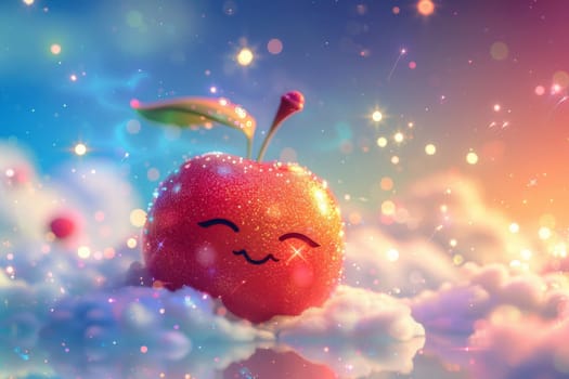 A smiling apple with a leaf on top is sitting on a cloud. The apple is covered in glitter, giving it a magical and whimsical appearance. Concept of wonder and joy, as if the apple is a playful