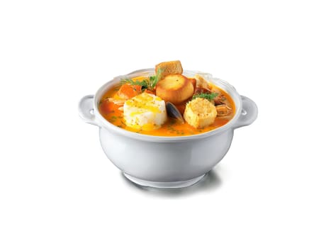 Bouillabaisse traditional French seafood stew with rouille croutons served in a transparent glass bowl coastal. Food isolated on transparent background.