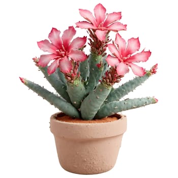 Desert Rose thick succulent stem with pink and red flowers in a terracotta pot with. Plants isolated on transparent background.