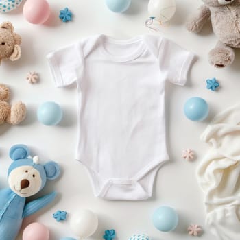 A white baby's onesie is displayed on a table with a variety of wooden toys, including a teddy bear and a toy car. Concept of warmth and comfort, as the baby's clothing