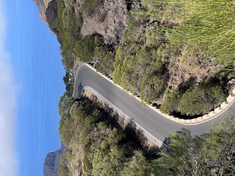 Mountain road to popular Masca village and canyon aerial photo. Tenerife, Canary island, Spain