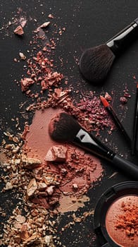 Make-up cosmetic product, beauty products and cosmetics swatch sample flatlay, various makeup brand tools as glamour fashion night out background idea