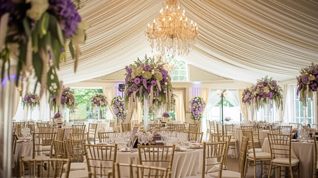 Wedding table decoration with lavender flowers, sweets, cake and candles