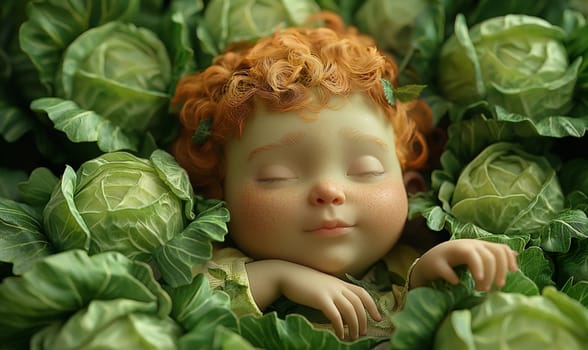 3D cartoon, a child in a head of cabbage. Selective focus.